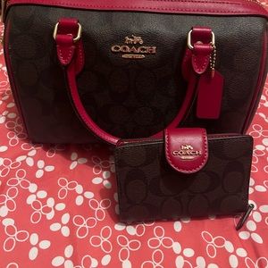 Coach brown and red purse with matching wallet